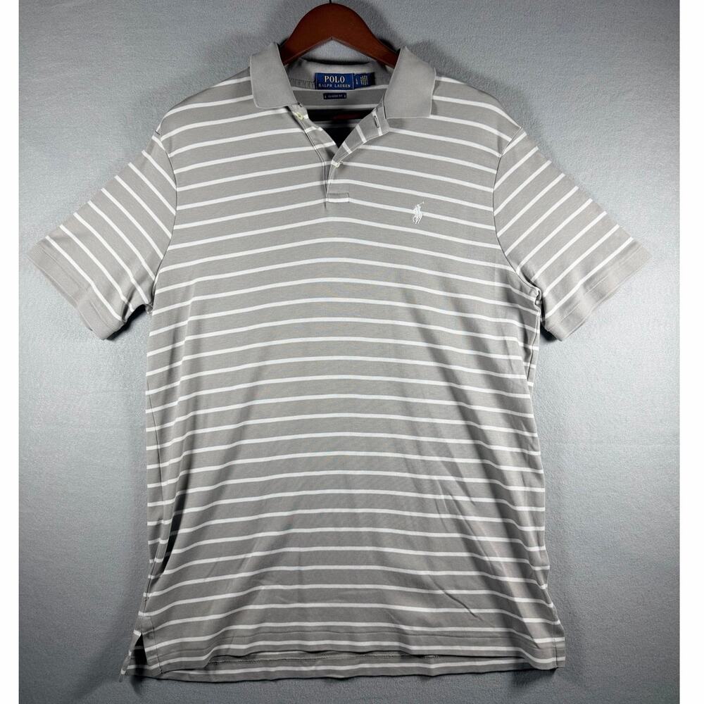 Polo Ralph Lauren Menβs L Polo Shirt Gray Striped Classic Fit Cotton